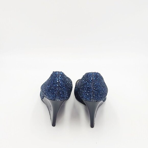 JIMMY CHOO Wedge Heels Blue Glitter BELLO Peep Toe Pumps Size 37.5 - Picture 7 of 9